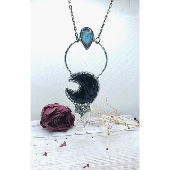 Labadorite and Obsidian Crystal Moon and kunzite crystal statement necklace - Picture 4 of 12